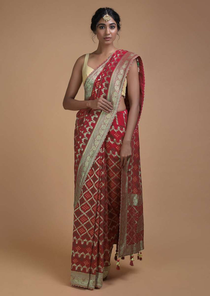 Scarlet Red Saree In Georgette With Weaved Checks And Bandhani Pattern All Over Online - Kalki Fashion