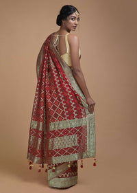 Scarlet Red Saree In Georgette With Weaved Checks And Bandhani Pattern All Over Online - Kalki Fashion