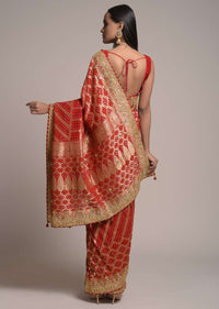 Scarlet Red Saree In Georgette With Woven Bandhani Design And Jaal Work  Online - Kalki Fashion