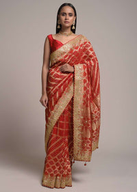 Scarlet Red Saree In Georgette With Woven Bandhani Design And Jaal Work  Online - Kalki Fashion