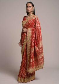 Scarlet Red Saree In Georgette With Woven Bandhani Design And Jaal Work  Online - Kalki Fashion