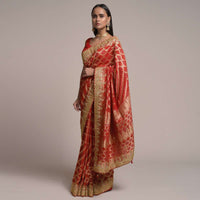 Scarlet Red Saree In Georgette With Woven Bandhani Design And Jaal Work  Online - Kalki Fashion