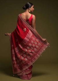 Scarlet Red Saree In Crepe SIlk With Woven Buttis And Bandhani