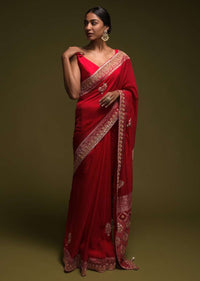 Scarlet Red Saree In Crepe SIlk With Woven Buttis And Bandhani