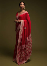 Scarlet Red Saree In Crepe SIlk With Woven Buttis And Bandhani