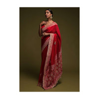 Scarlet Red Saree In Crepe SIlk With Woven Buttis And Bandhani