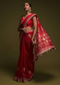 Scarlet Red Saree In Crepe SIlk With Woven Buttis And Bandhani