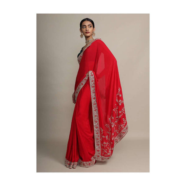 Scarlet Red Saree In Satin Crepe With Zardozi Embroidered Floral Border Online - Kalki Fashion