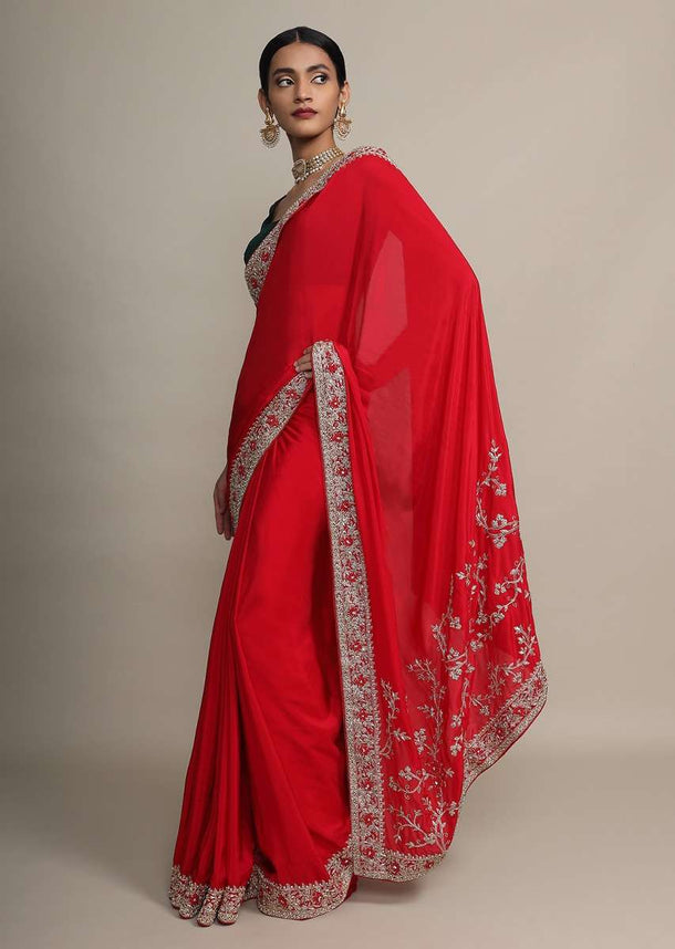 Scarlet Red Saree In Satin Crepe With Zardozi Embroidered Floral Border Online - Kalki Fashion