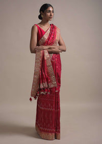 Scarlet Red Saree In Silk With Ikkat Weaved Patola Pattern All Over And Gotta Embroidered Border Online - Kalki Fashion