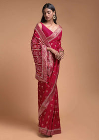 Scarlet Red Saree In Silk With Weaved Floral Buttis And Bandhani Printed Pallu Online - Kalki Fashion