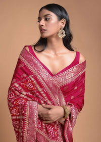 Scarlet Red Saree In Silk With Weaved Floral Buttis And Bandhani Printed Pallu Online - Kalki Fashion