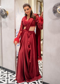 Kajal Aggarwal in Kalki Scarlet Fusion Red Pleated Saree