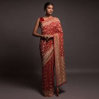 Scarlet Red Banarasi Saree In Georgette With Weaved Floral Jaal And Stone Work