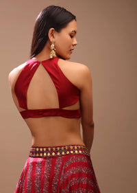 Scarlet Red Blouse In Satin With Stylish Cut Outs On The Waist And Halter Neckline