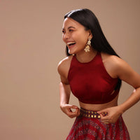 Scarlet Red Blouse In Satin With Stylish Cut Outs On The Waist And Halter Neckline