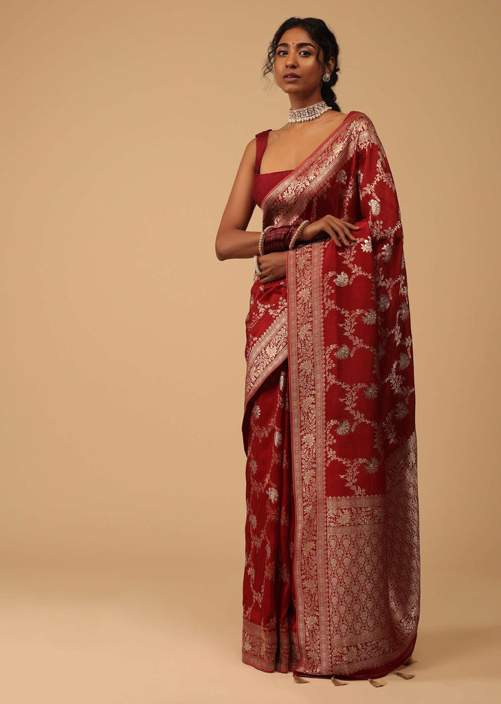 Scarlet Red Dola Silk Saree With Silver And Gold Jaal Pattern