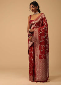 Scarlet Red Dola Silk Saree With Silver And Gold Jaal Pattern