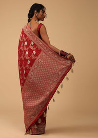 Scarlet Red Dola Silk Saree With Silver And Gold Jaal Pattern