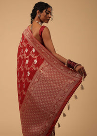 Scarlet Red Dola Silk Saree With Silver And Gold Jaal Pattern