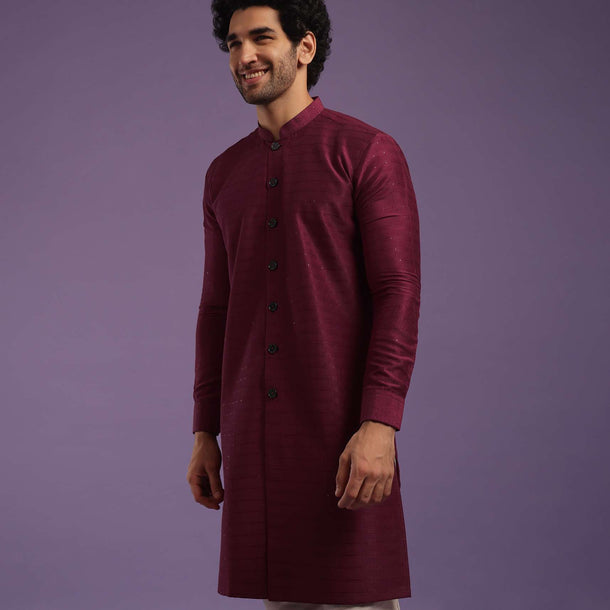 Berry Red Kurta In Art Silk With Sequins Work