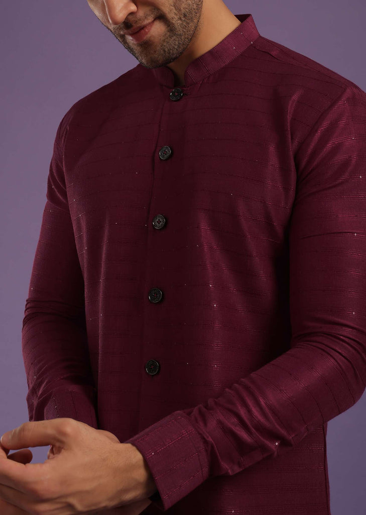 Berry Red Kurta In Art Silk With Sequins Work