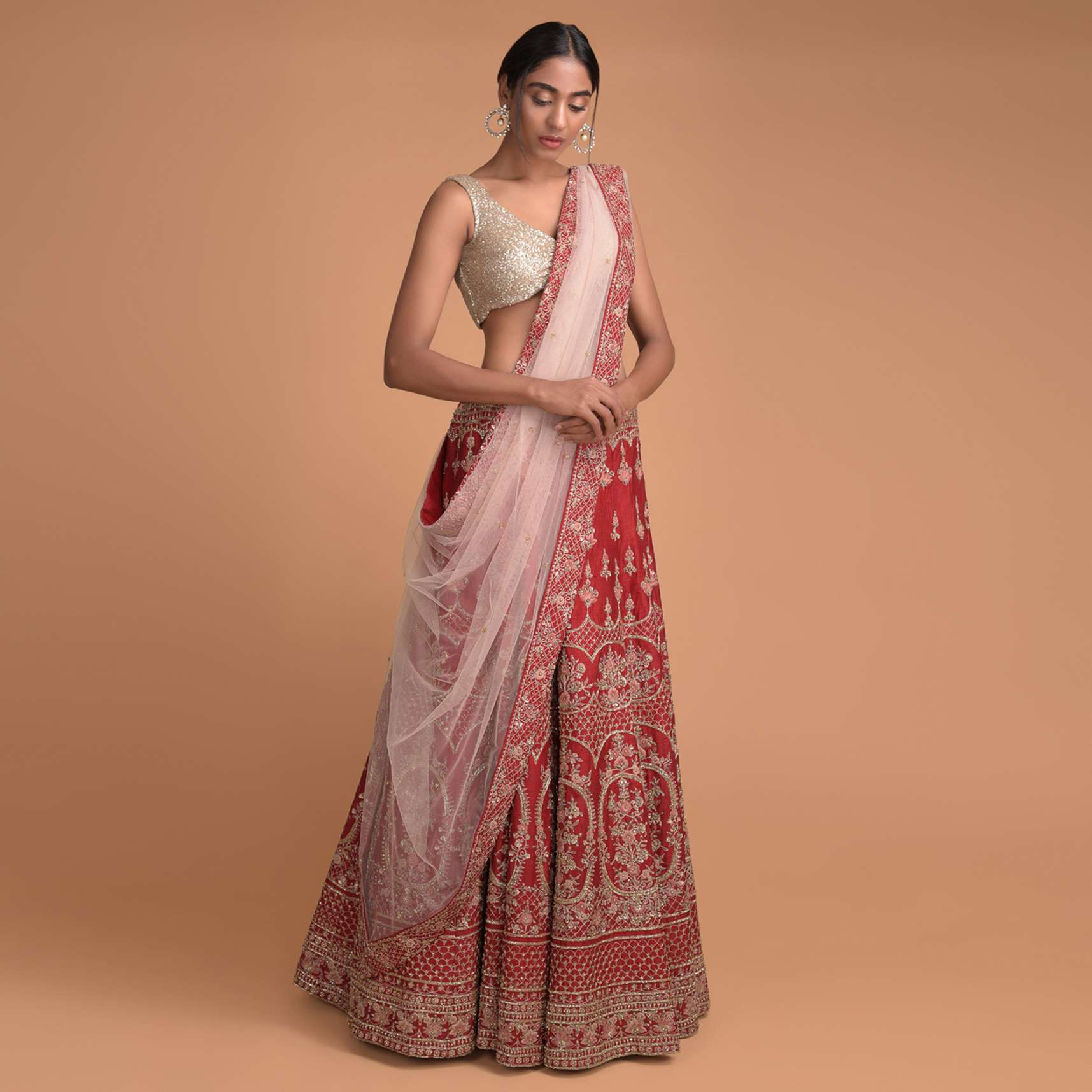 Scarlet Red Lehenga Choli In Raw Silk With Embroidered Floral And Scallop Pattern Scarlet Red Lehenga Choli