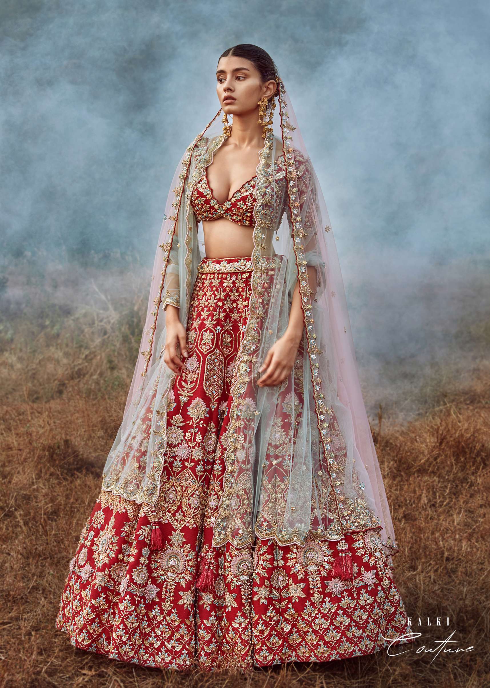 Scarlet Red Lehenga Choli In Raw Silk With 3D Flowers And Cut Dana Embroidered Summertime Flowers And Geometric Motifs