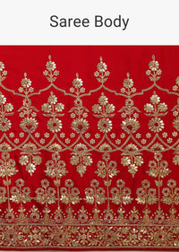 Scarlet Red Saree In Satin With Hand Embroidered Gotta Patti And Zardosi Work In Floral Motifs