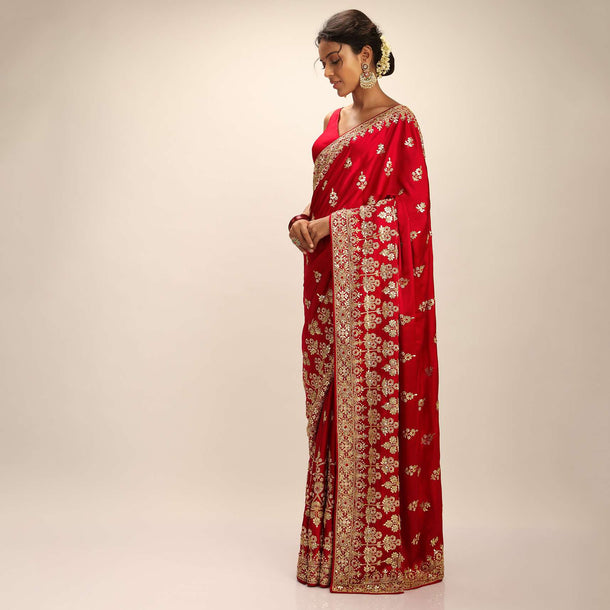 Scarlet Red Saree In Satin With Hand Embroidered Gotta Patti And Zardosi Work In Floral Motifs