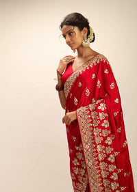 Scarlet Red Saree In Satin With Hand Embroidered Gotta Patti And Zardosi Work In Floral Motifs