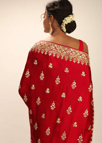 Scarlet Red Saree In Satin With Hand Embroidered Gotta Patti And Zardosi Work In Floral Motifs