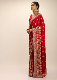 Scarlet Red Saree In Satin With Hand Embroidered Gotta Patti And Zardosi Work In Floral Motifs