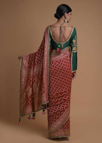 Scarlet Red Saree With Bandhani Print And Weaved Checks Along With Fancy Emerald Green Blouse Online - Kalki Fashion