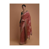 Scarlet red saree with bandhani print and checks