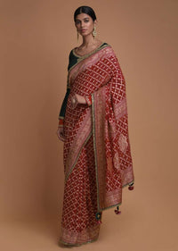 Scarlet Red Saree With Bandhani Print And Weaved Checks Along With Fancy Emerald Green Blouse Online - Kalki Fashion