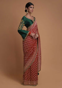 Scarlet Red Saree With Bandhani Print And Weaved Checks Along With Fancy Emerald Green Blouse Online - Kalki Fashion