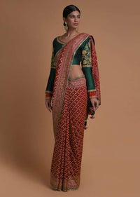 Scarlet Red Saree With Bandhani Print And Weaved Checks Along With Fancy Emerald Green Blouse Online - Kalki Fashion