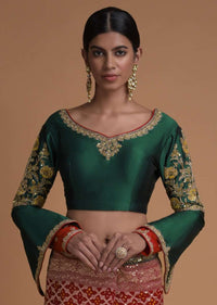 Scarlet Red Saree With Bandhani Print And Weaved Checks Along With Fancy Emerald Green Blouse Online - Kalki Fashion