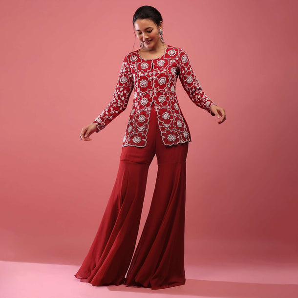 Scarlet Red Sharara Suit In Georgette With Fully Embroidered Top & Flowy Pants