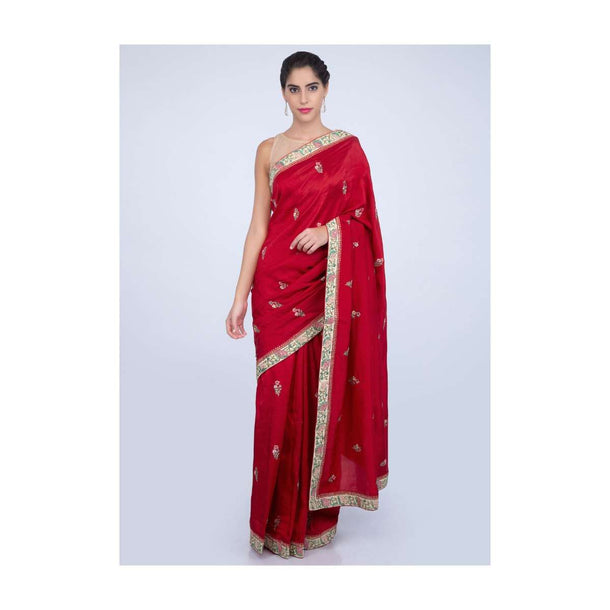 Scarlett red dupion silk saree with floral embroidered butti and border only on kalki