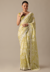 Yellow Printed Satin Saree With Embroidered Detail And Unstitched Blouse Piece