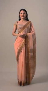 Peach Toned Handloom Chanderi Silk And Cotton Saree With Zari Work