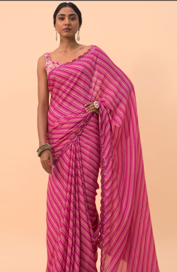 Pink Printed Saree With Mirror Work Border And Unstitched Blouse Fabric