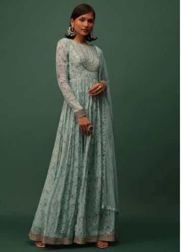 Powder Green Embroidered Anarkali In Georgette With Floral Print