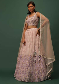 Peach Pink Embroidered Lehenga Set In Silk With Floral Print