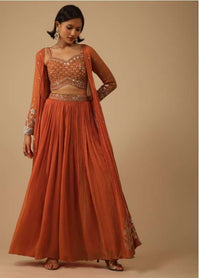 Fire Orange Palazzo Suit In Georgette With Mirror And Sequins Embroidery