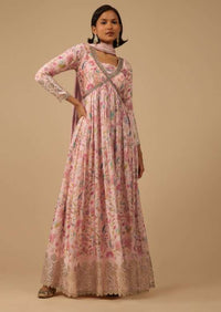 Floral Printed Powder Pink Anarkali Suit Set In Chinon With Gotta Work