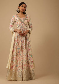 Off White Chinon Anarkali Suit Set With Floral Print And Flare