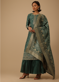 Deep Green Silk Kurti And Chiffon Sharara Set With Brocade